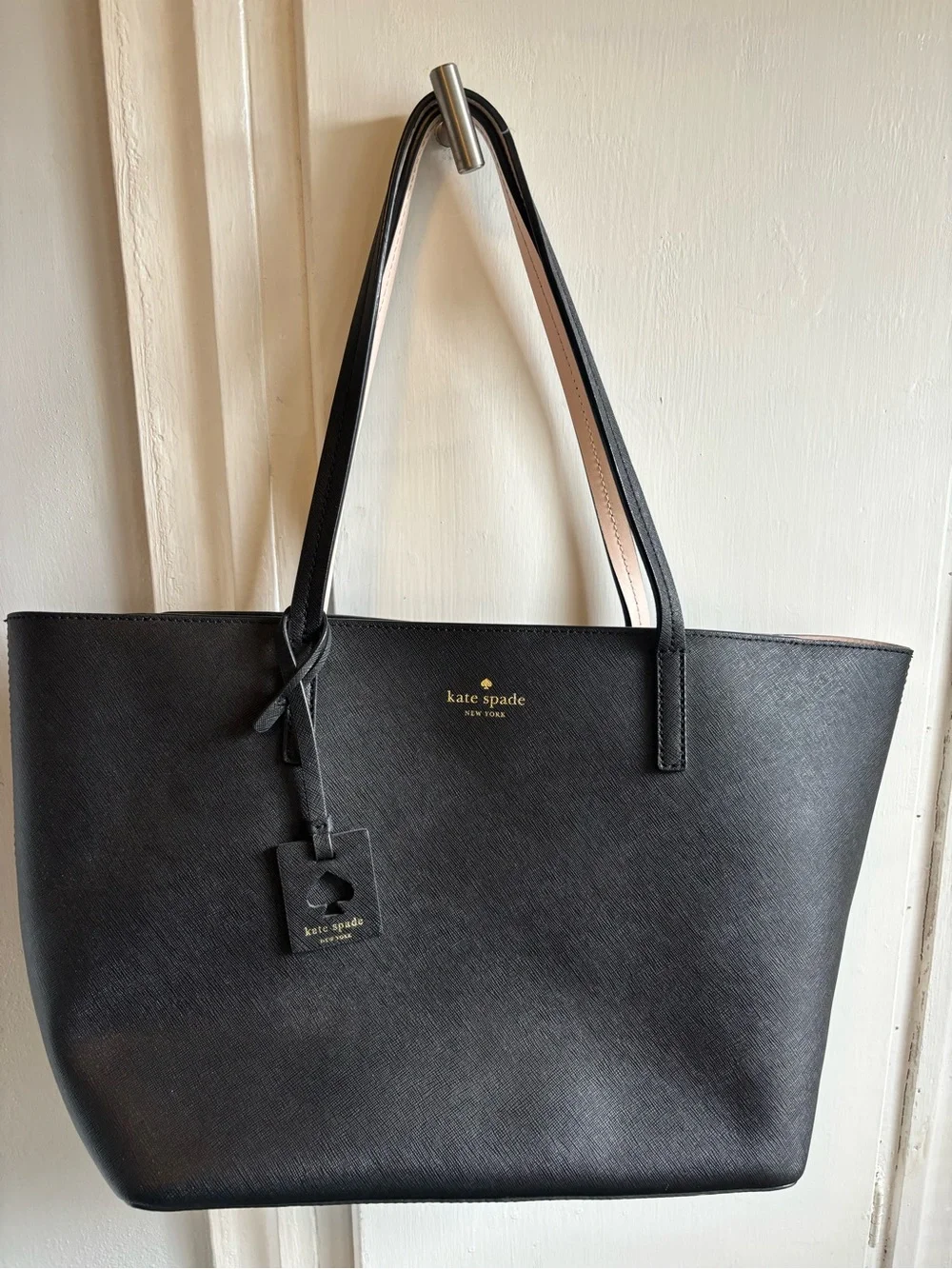 kate spade Black Leather Textured Tote with Gold Logo
